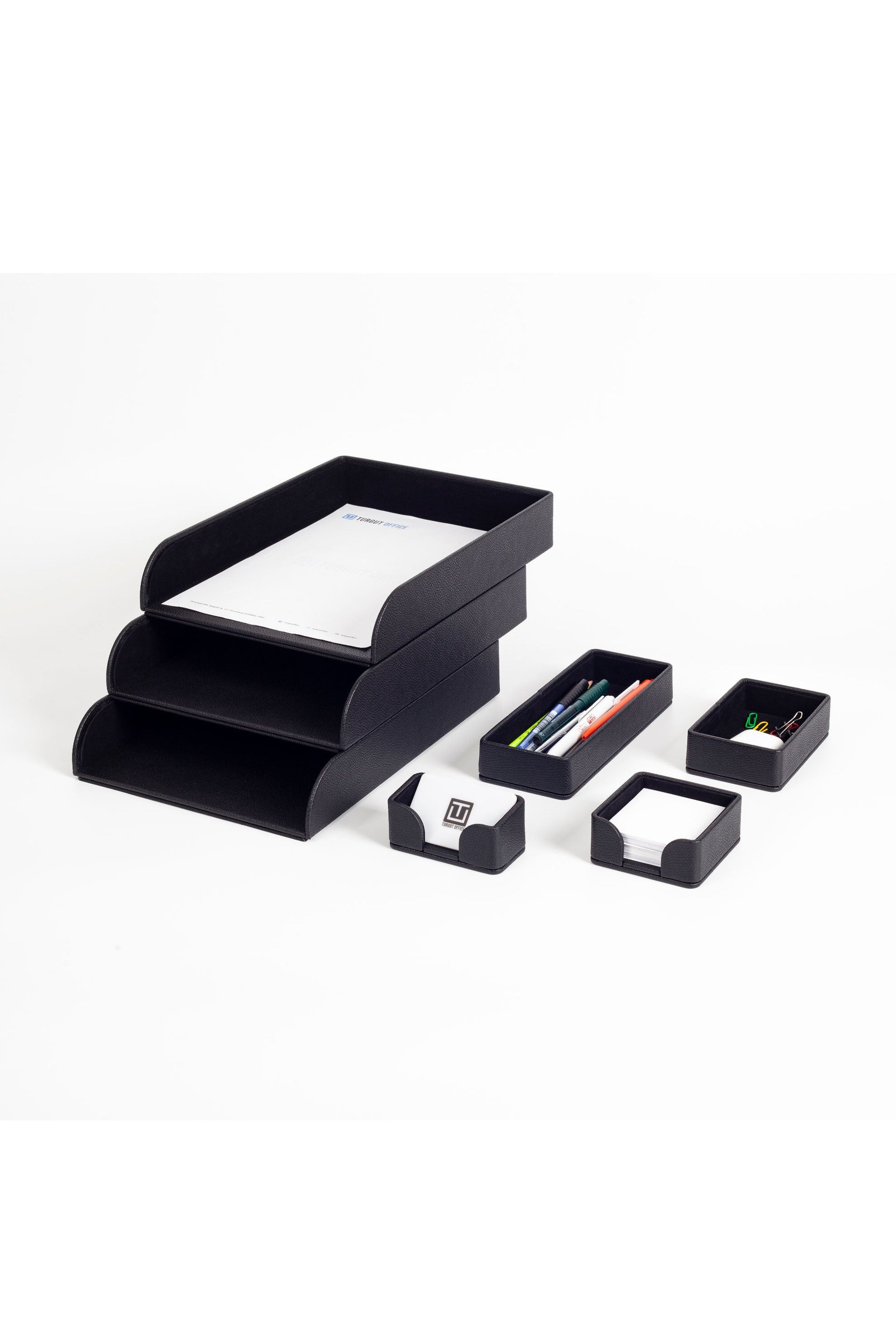 Felix Black Leather Desktop Organizer Set Seven Pieces