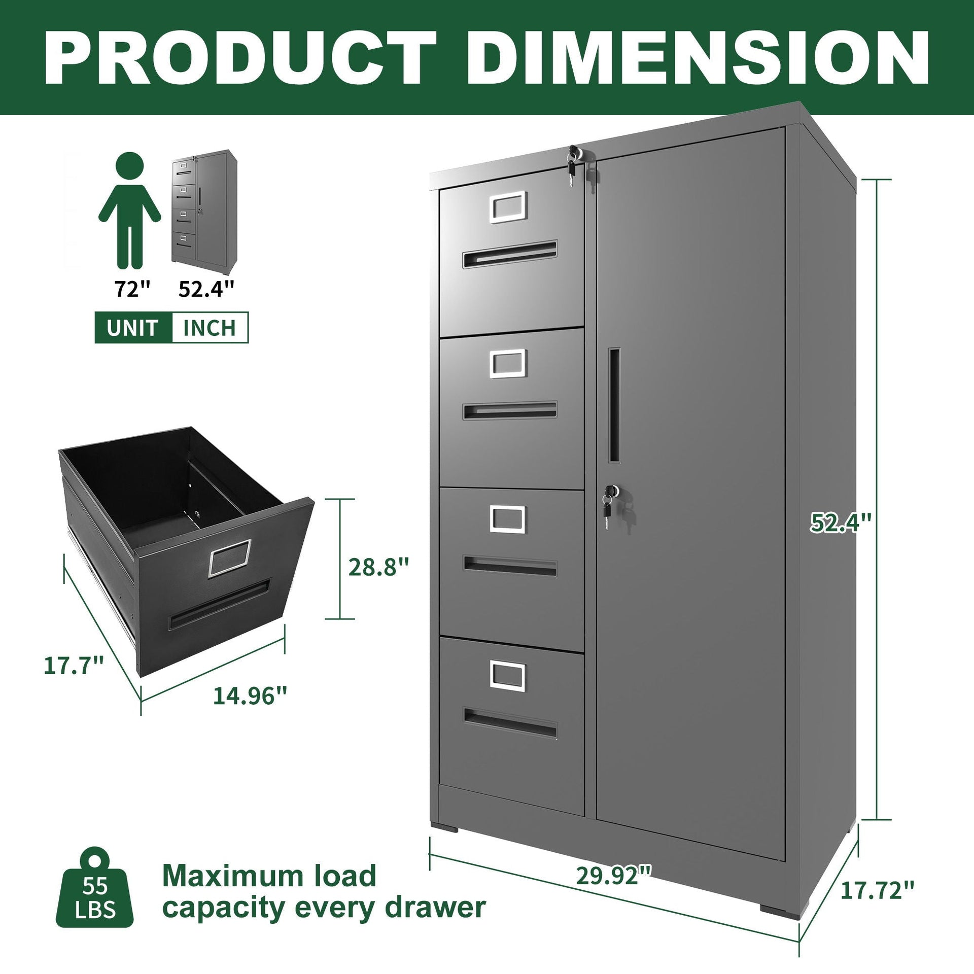 Metal Vertical Filing Cabinet with Lock Four Drawer Storage