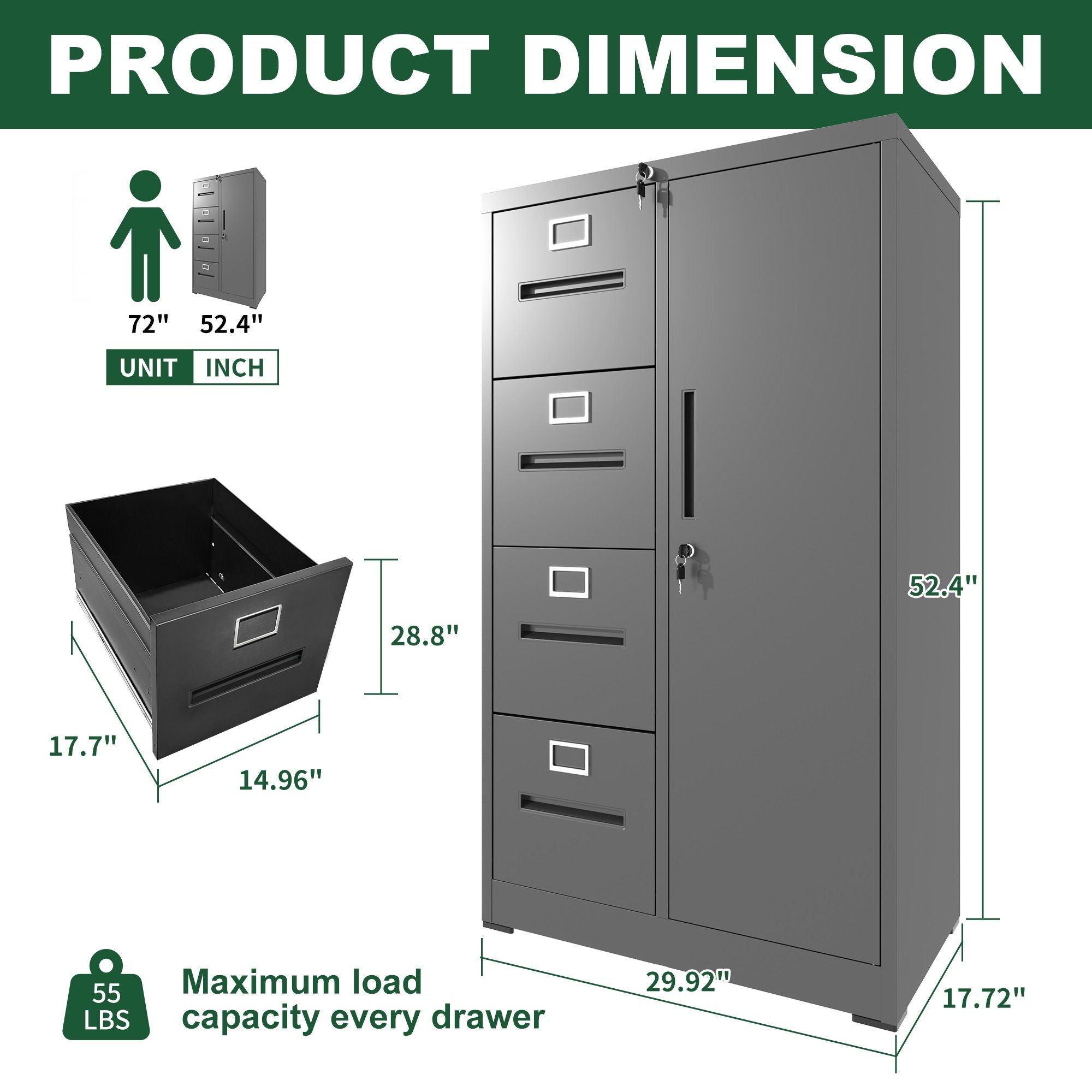 Metal Vertical Filing Cabinet with Lock Four Drawer Storage