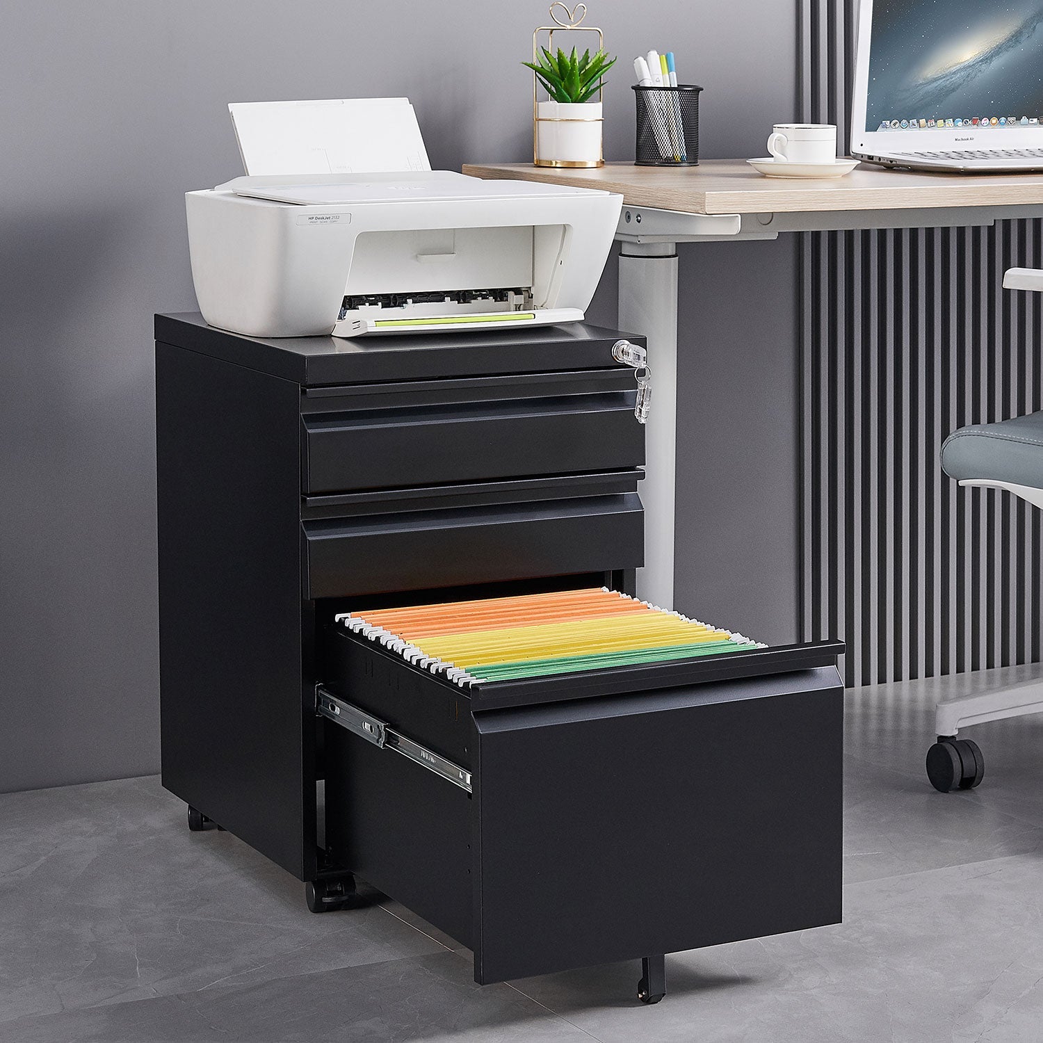 Locked Three Drawer Mobile Metal Filing Cabinet with Wheels