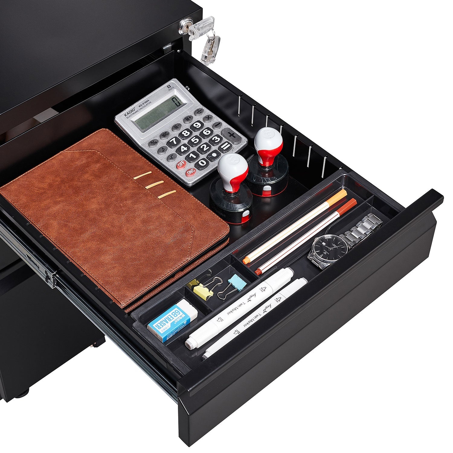 Locked Three Drawer Mobile Metal Filing Cabinet with Wheels
