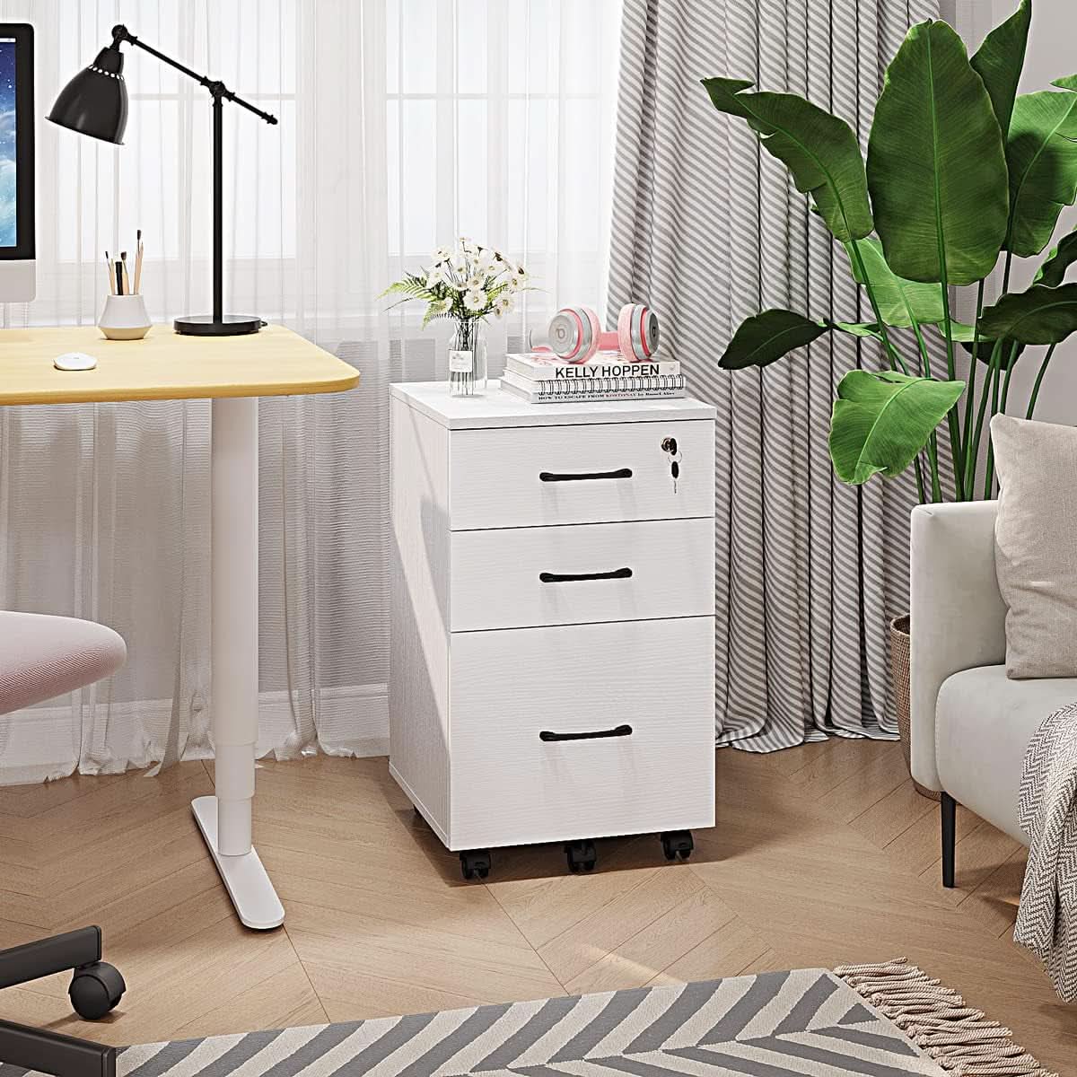 White Three Drawer Mobile File Cabinet for Home Office Storage