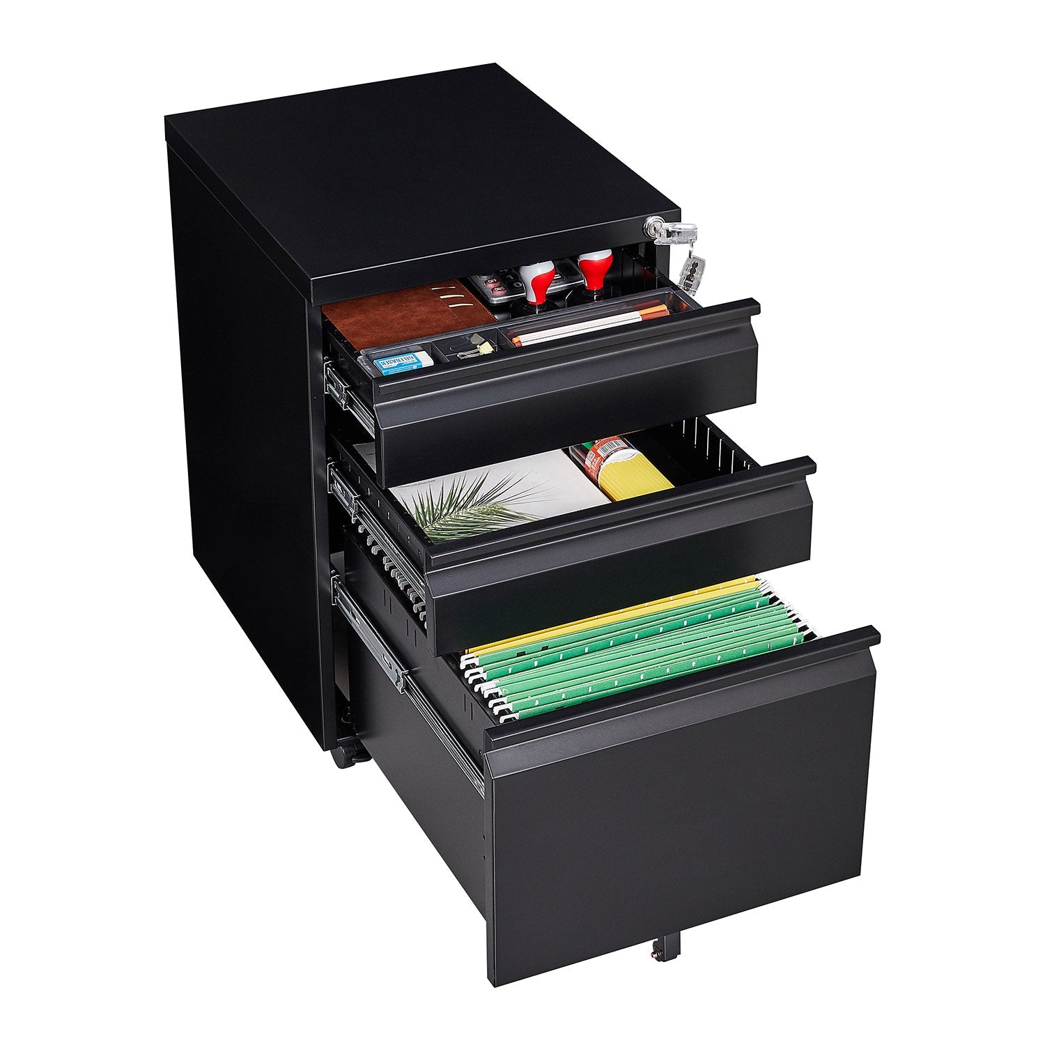 Locked Three Drawer Mobile Metal Filing Cabinet with Wheels