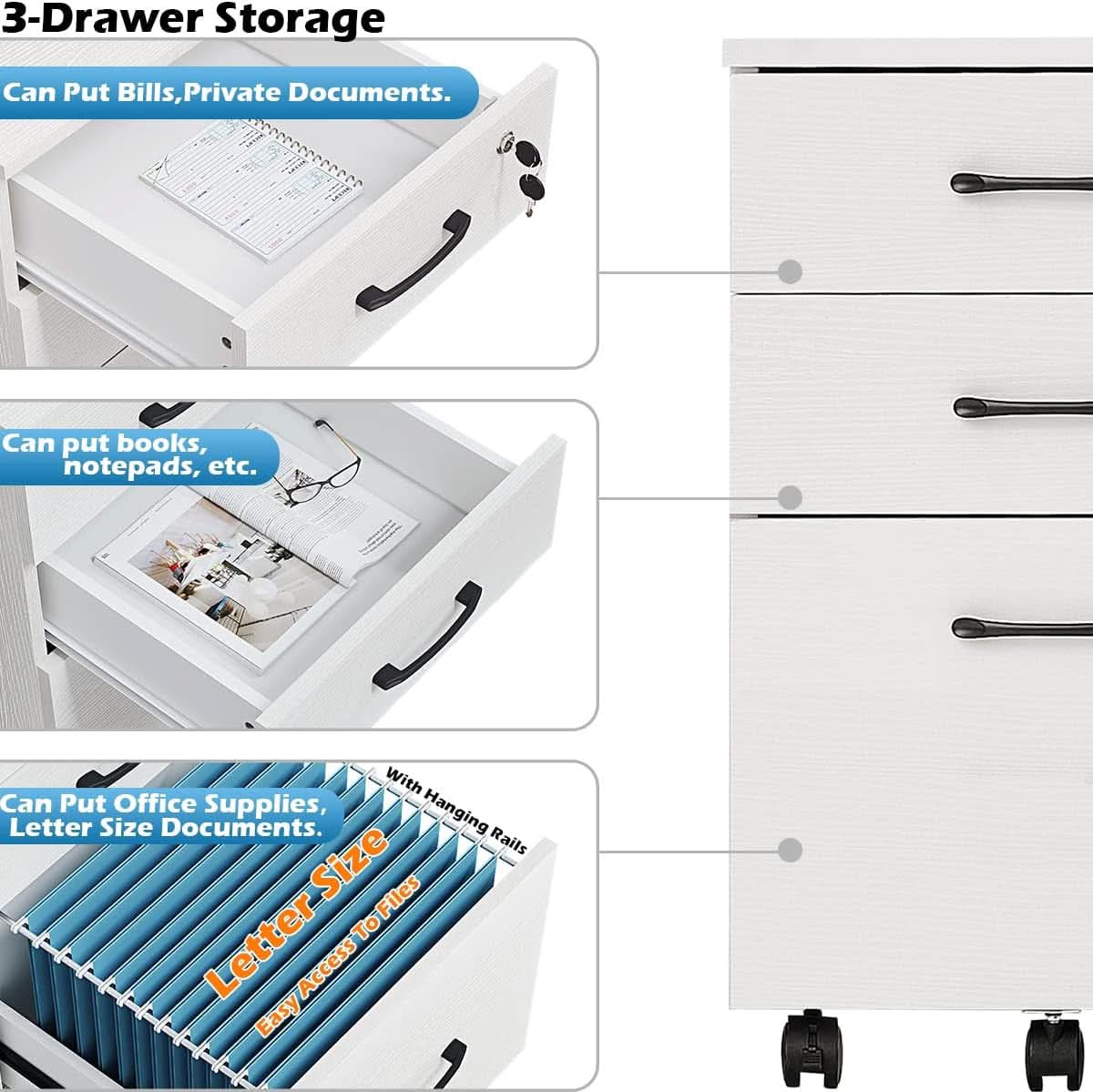 White Three Drawer Mobile File Cabinet for Home Office Storage