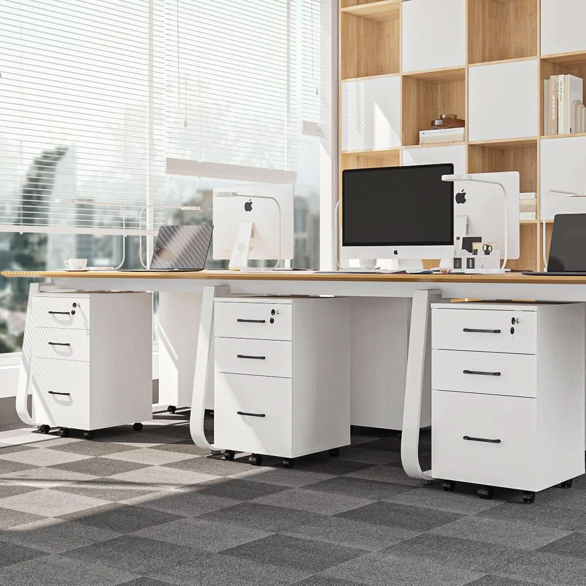 White Three Drawer Mobile File Cabinet for Home Office Storage