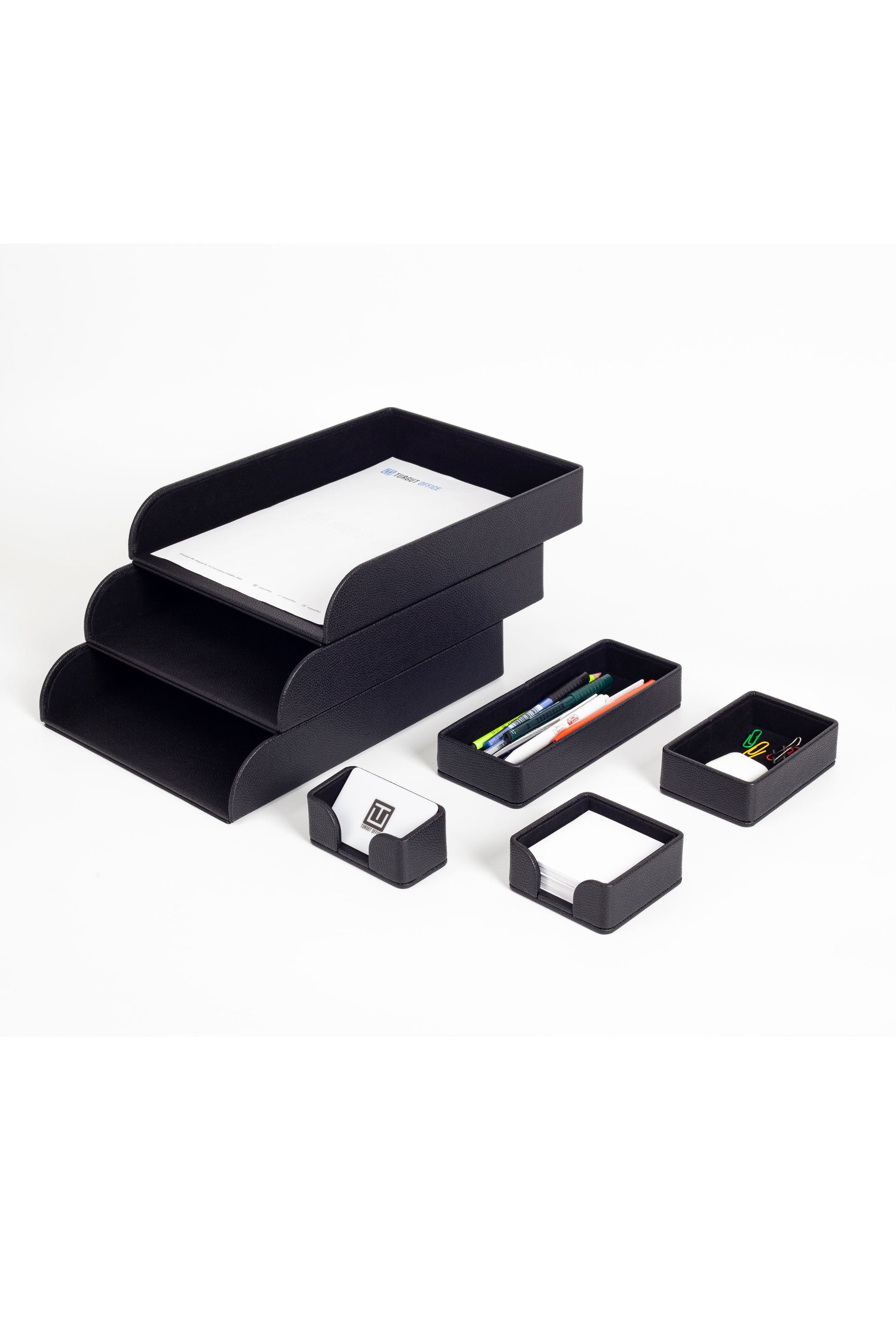 Felix Black Leather Desktop Organizer Set Seven Pieces