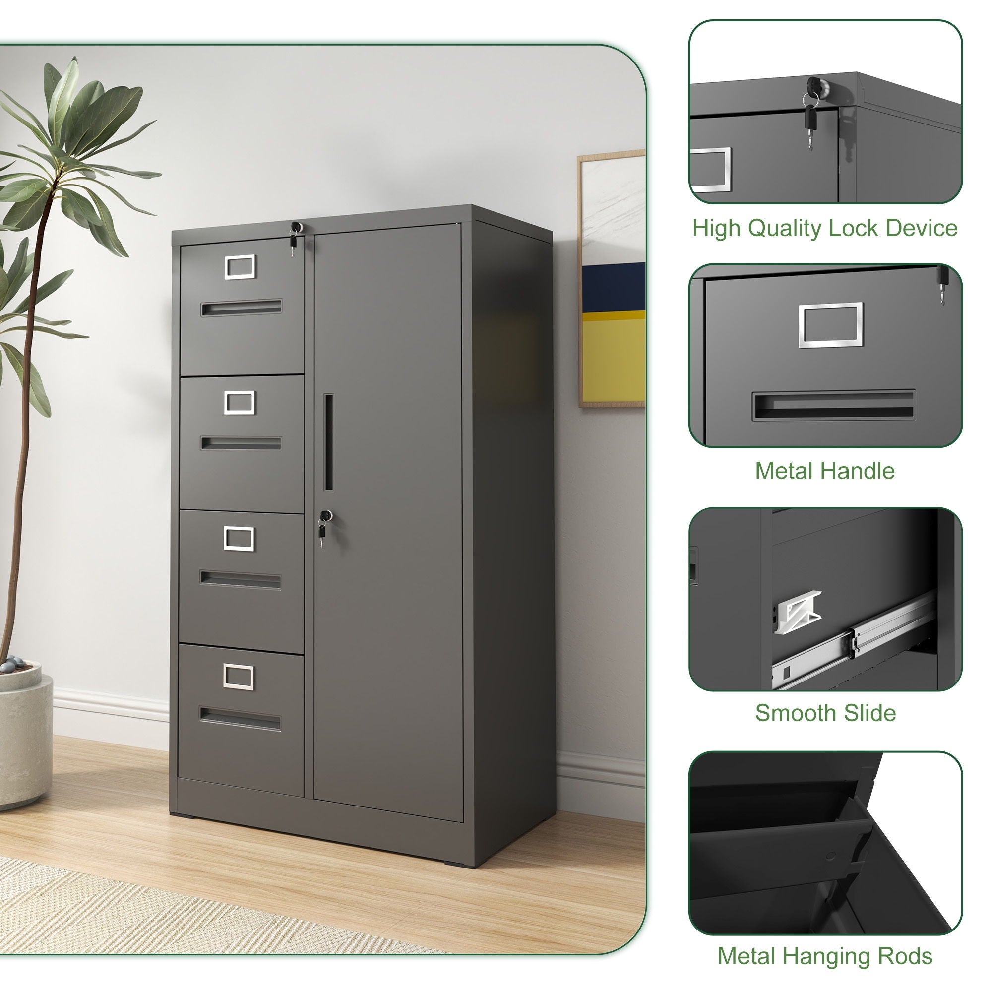Metal Vertical Filing Cabinet with Lock Four Drawer Storage