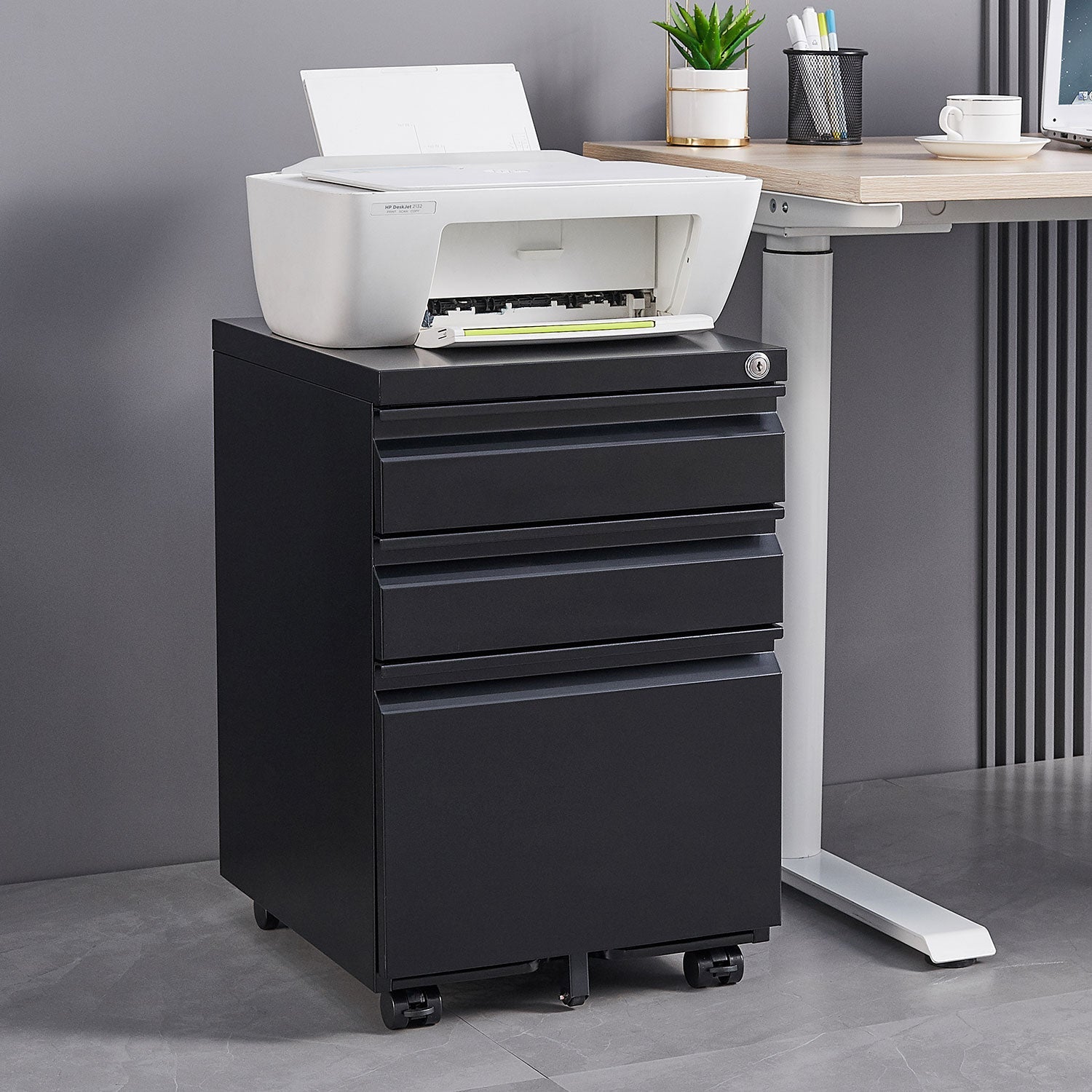 Locked Three Drawer Mobile Metal Filing Cabinet with Wheels