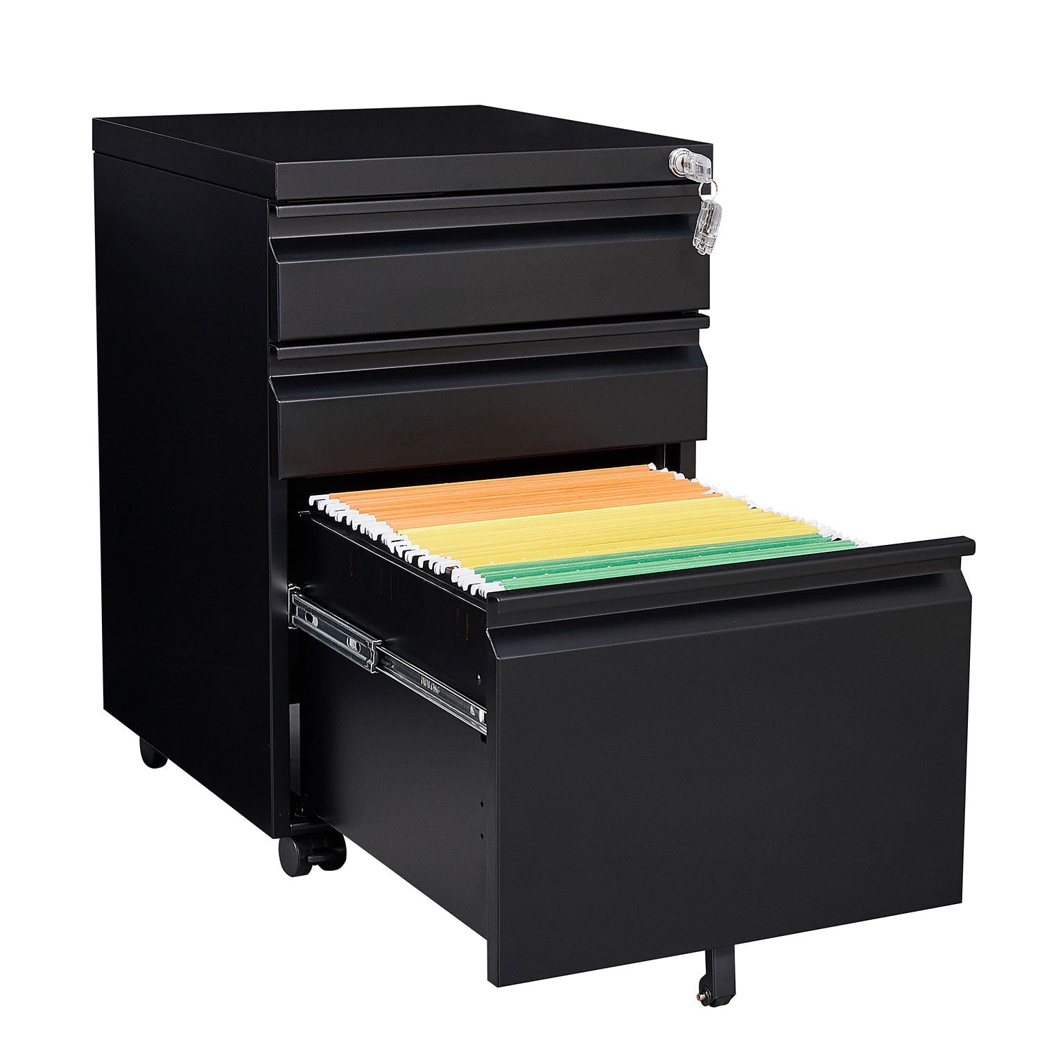 Locked Three Drawer Mobile Metal Filing Cabinet with Wheels