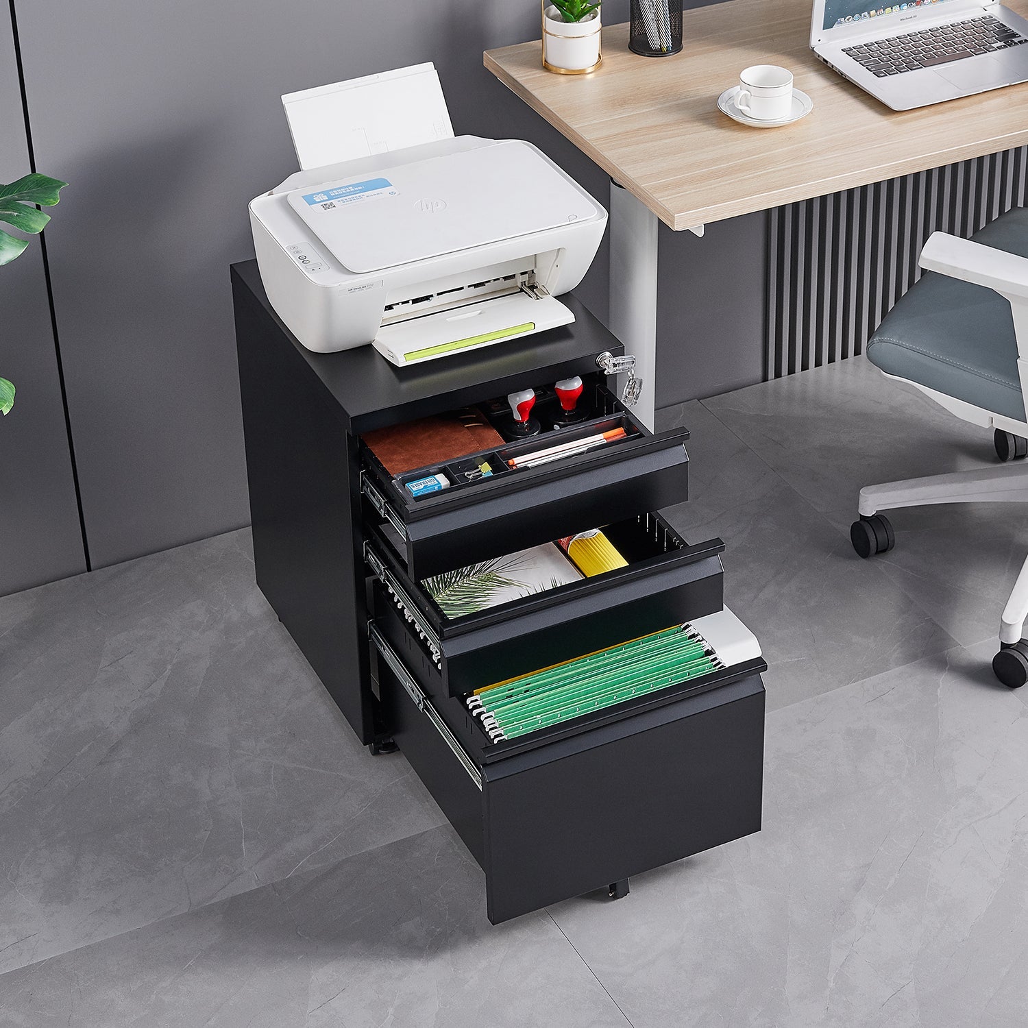 Locked Three Drawer Mobile Metal Filing Cabinet with Wheels