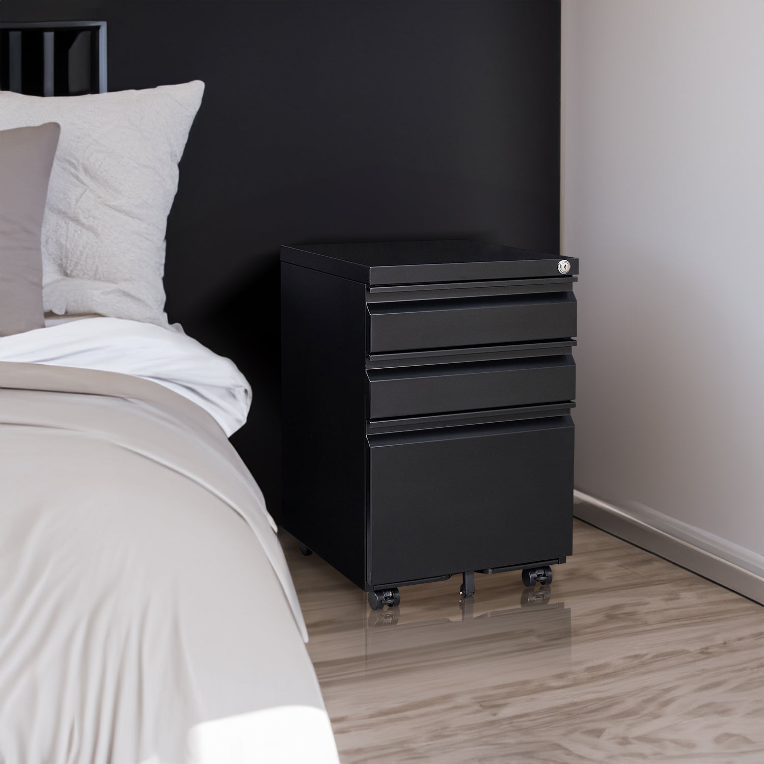 Locked Three Drawer Mobile Metal Filing Cabinet with Wheels