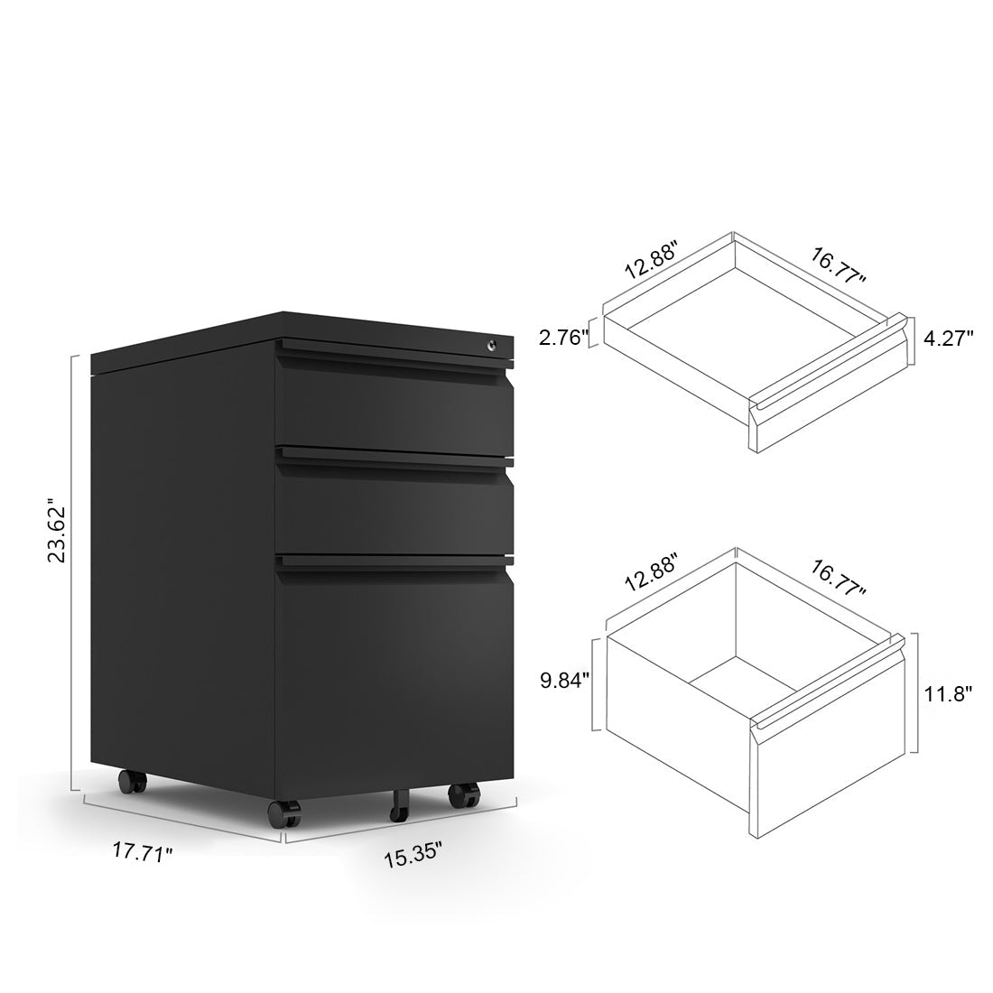 Locked Three Drawer Mobile Metal Filing Cabinet with Wheels