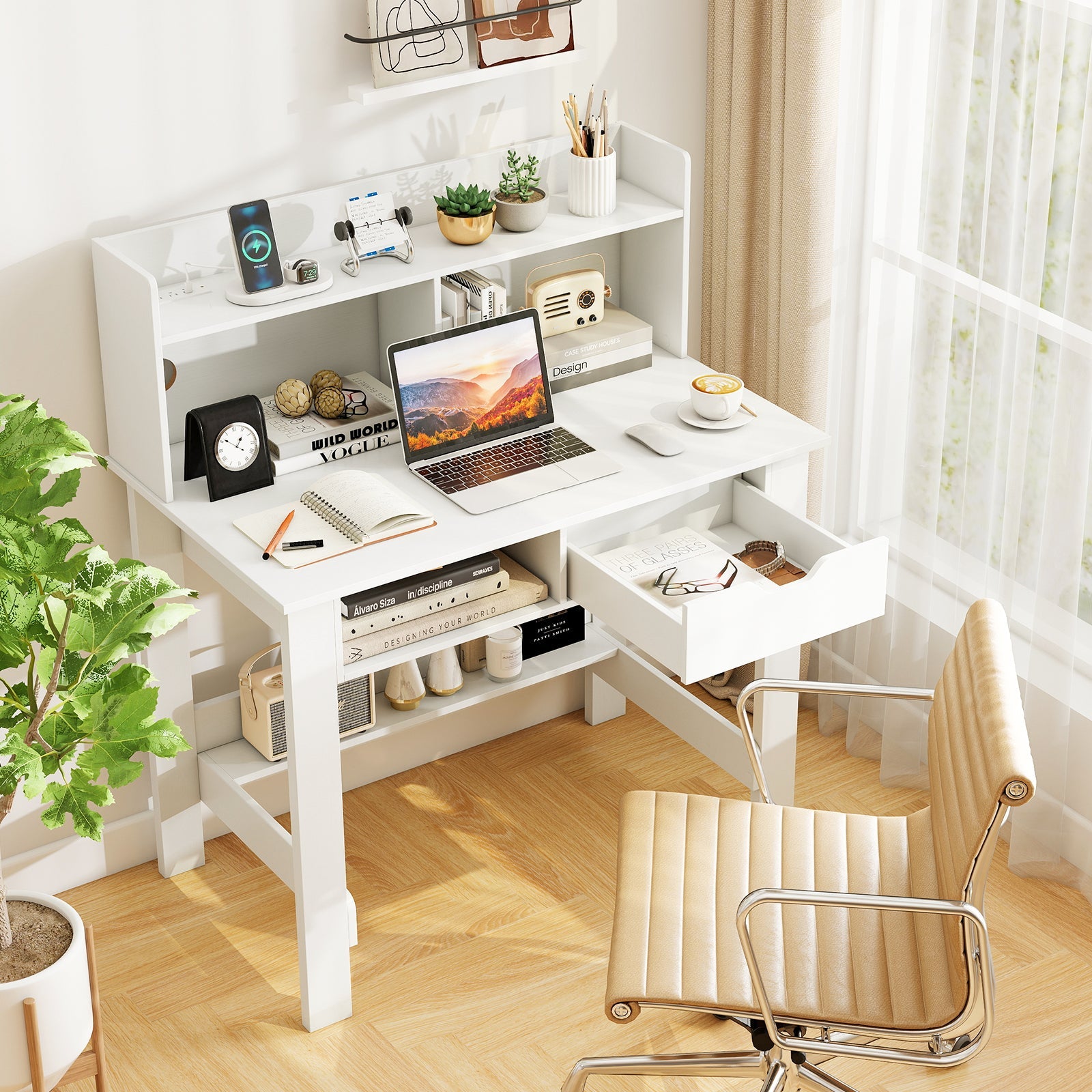 Home Office Computer Desk with Storage Shelves and Drawer
