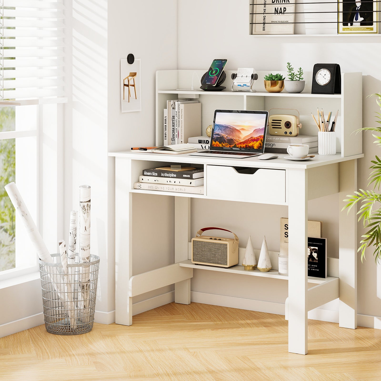 Home Office Computer Desk with Storage Shelves and Drawer