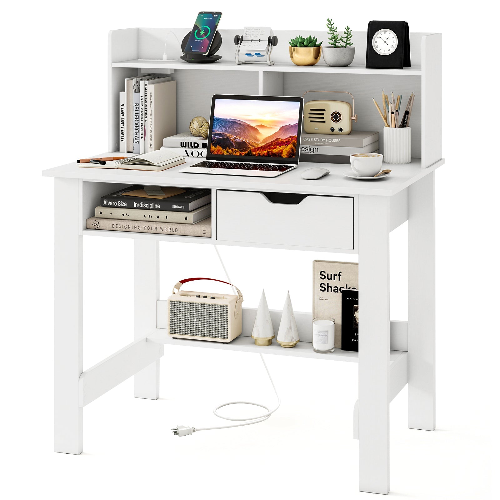 Home Office Computer Desk with Storage Shelves and Drawer