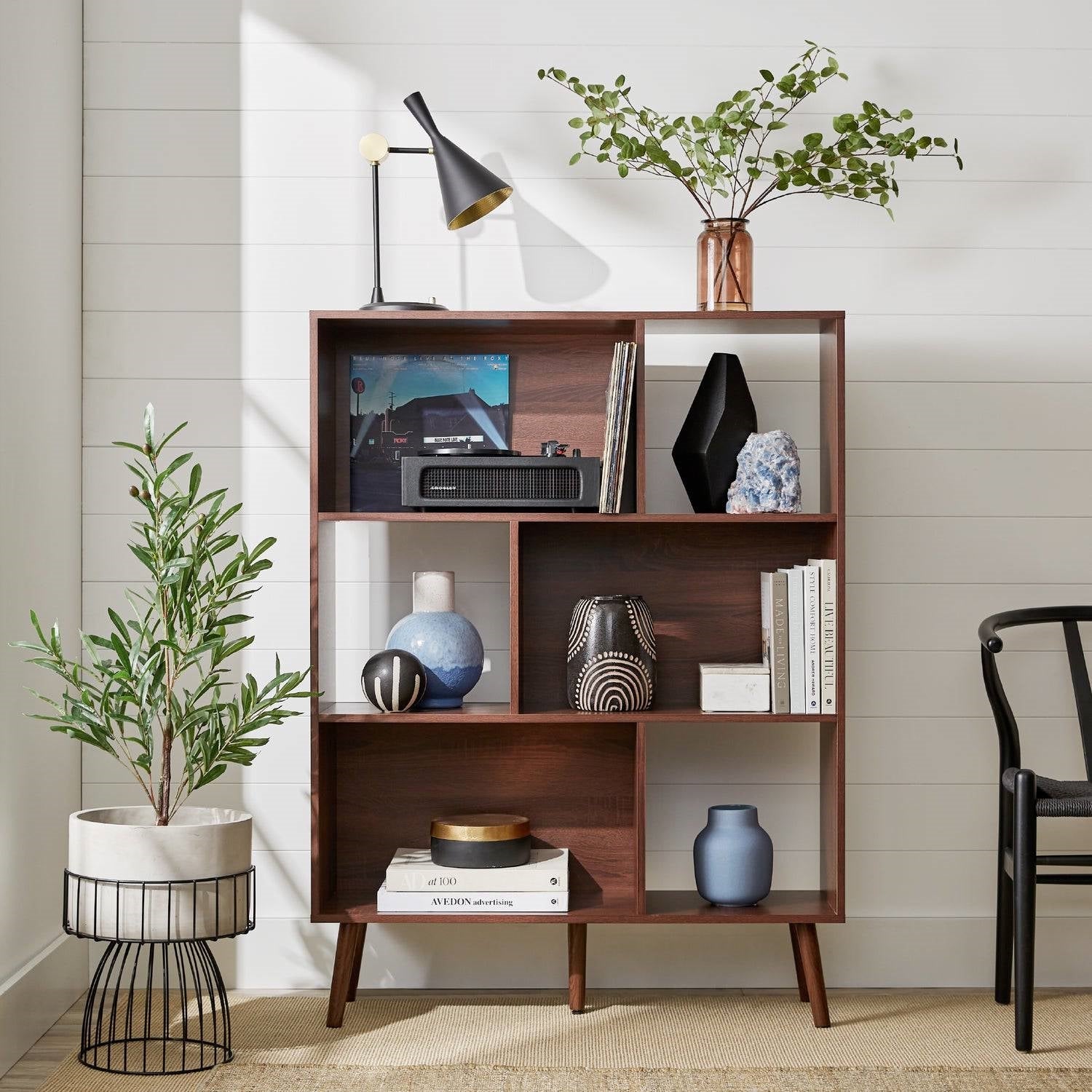 Mid Century Walnut Wood Bookcase Storage Shelving Unit Display