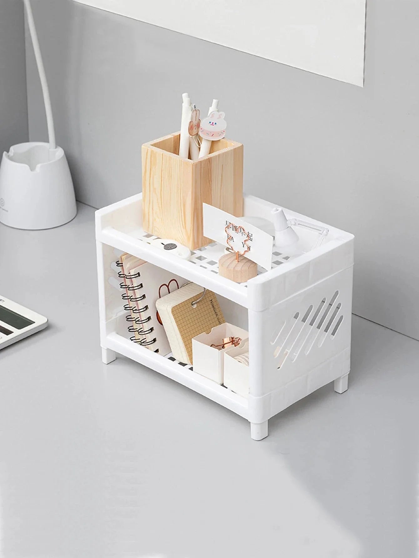 Double Layer Desktop Storage Rack White Organizer