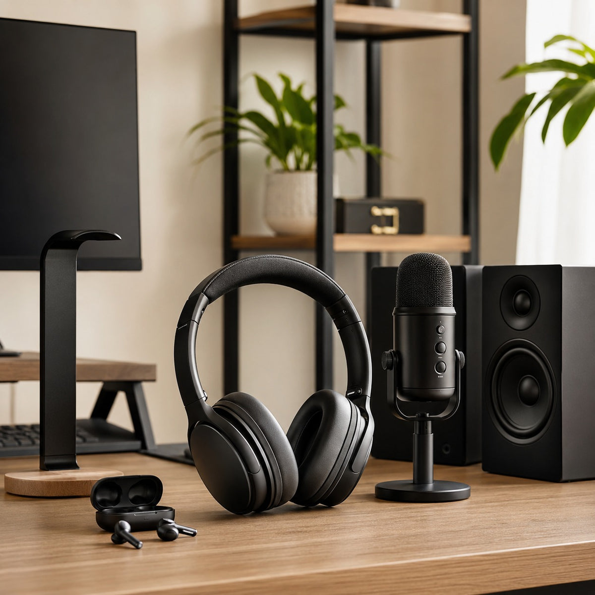 Black headphones, microphone, and speakers on a desk with a computer setup in the background.