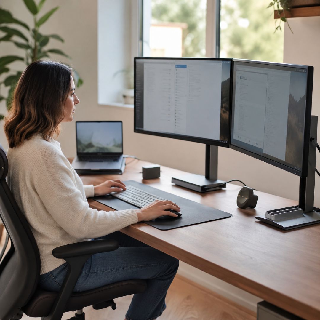 Person working at a desk with two monitors and a laptop.