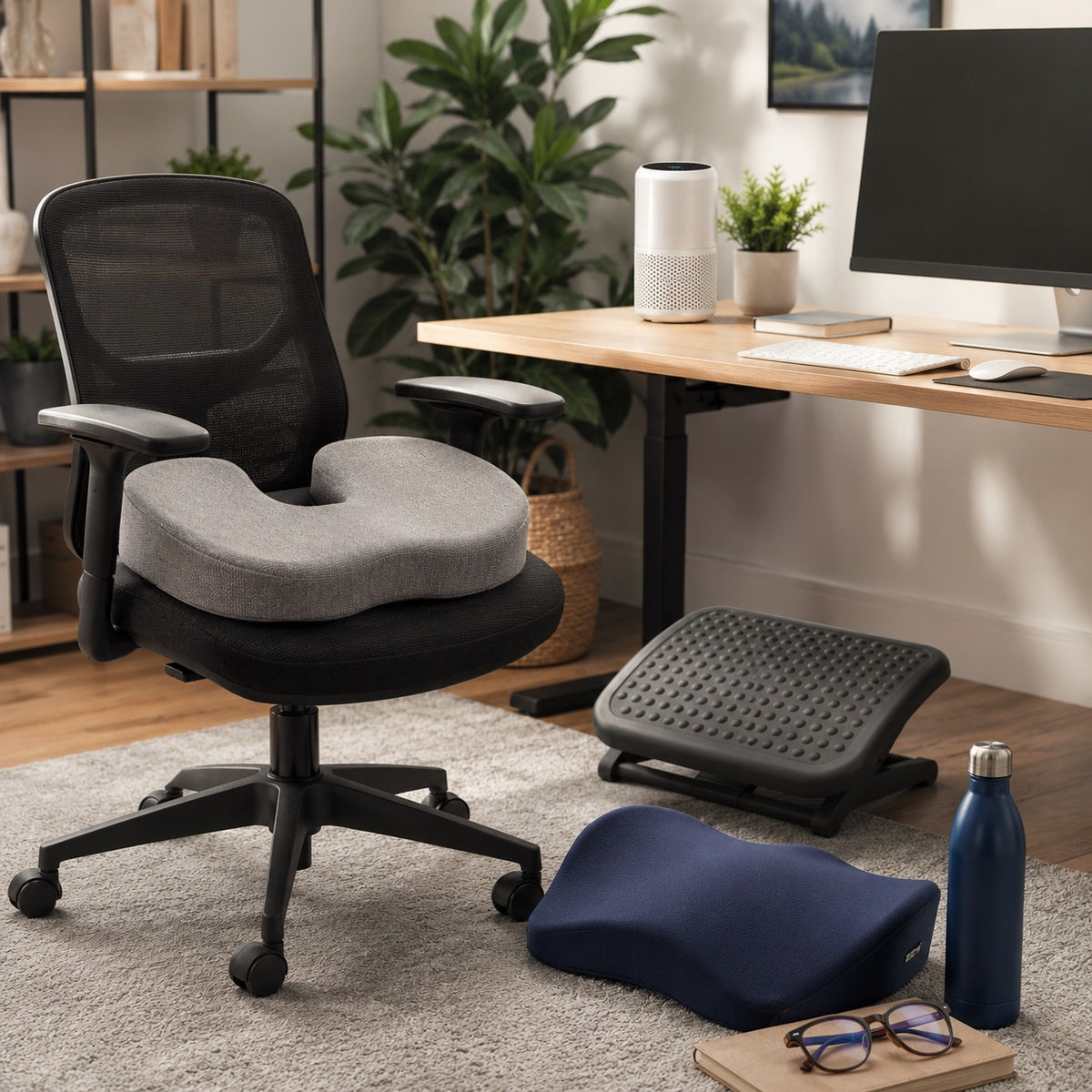 Ergonomic office chair with accessories on a home office desk.
