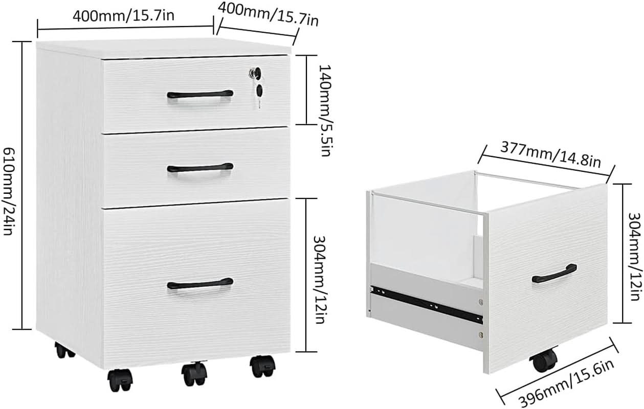 White Three Drawer Mobile File Cabinet for Home Office Storage