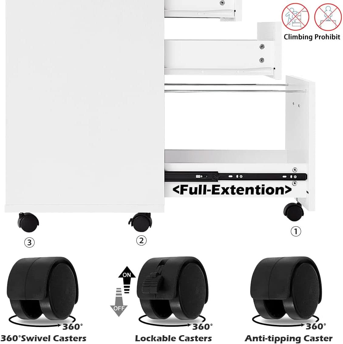 White Three Drawer Mobile File Cabinet for Home Office Storage