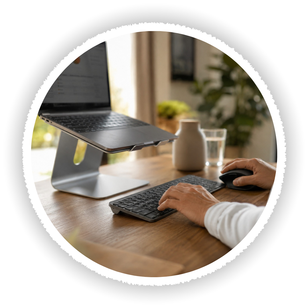 Person using a laptop with a stand on a wooden desk.