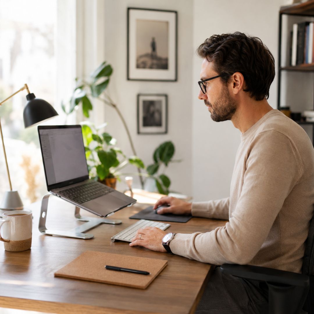 Man working on a laptop at a desk in a home office setting