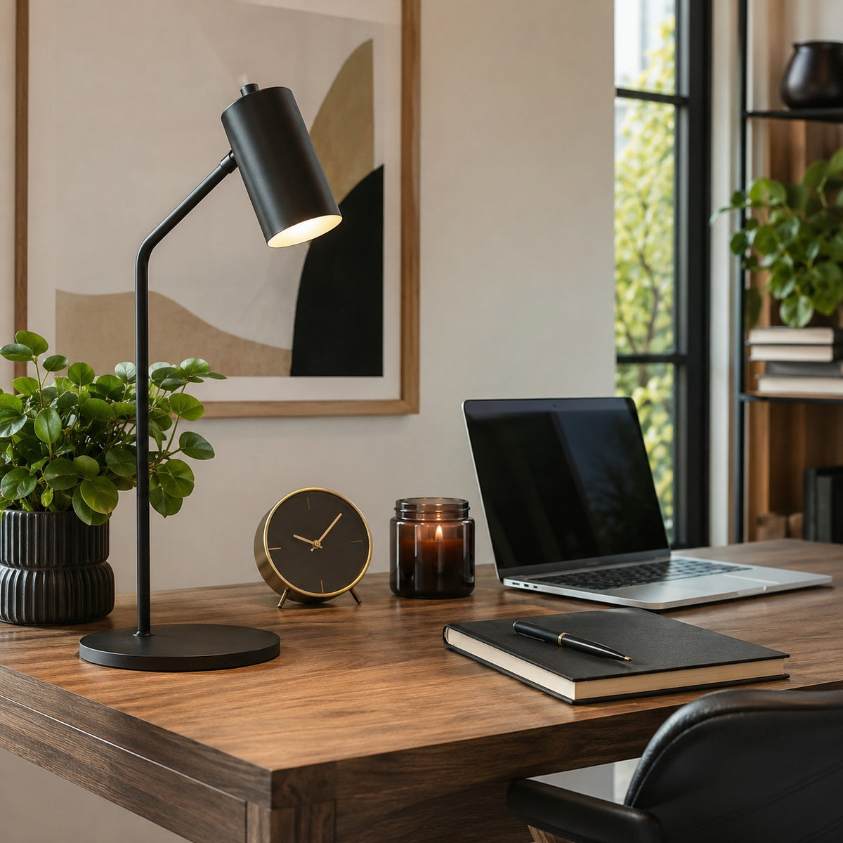 Modern office desk setup with a laptop, lamp, clock, and notebook.