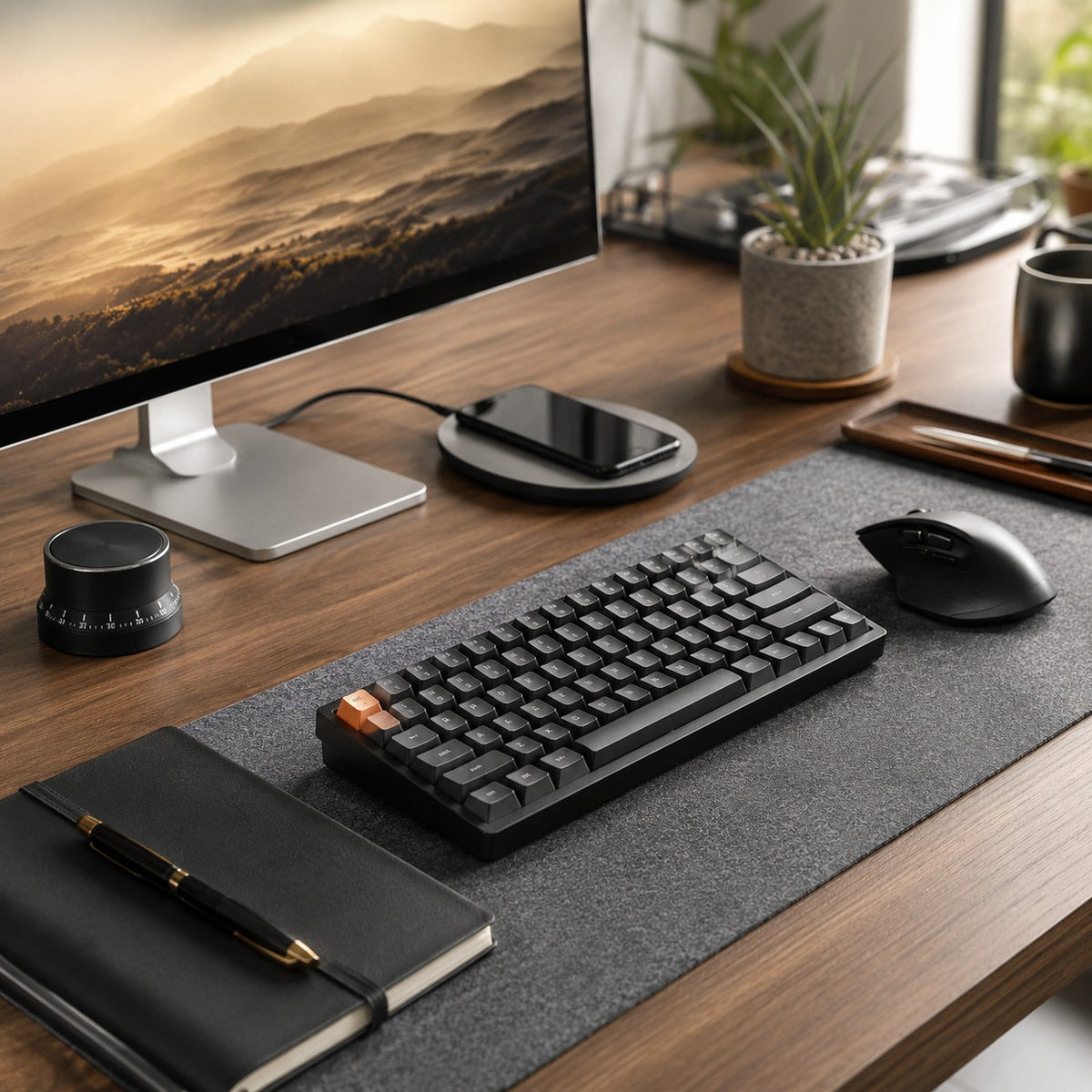 Modern office desk setup with computer monitor, keyboard, mouse, and stationery on a wooden desk.
