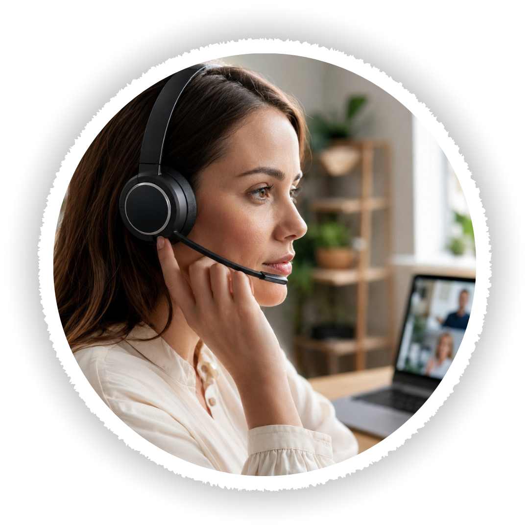 Woman wearing a headset in a home office setting with a laptop on a desk.