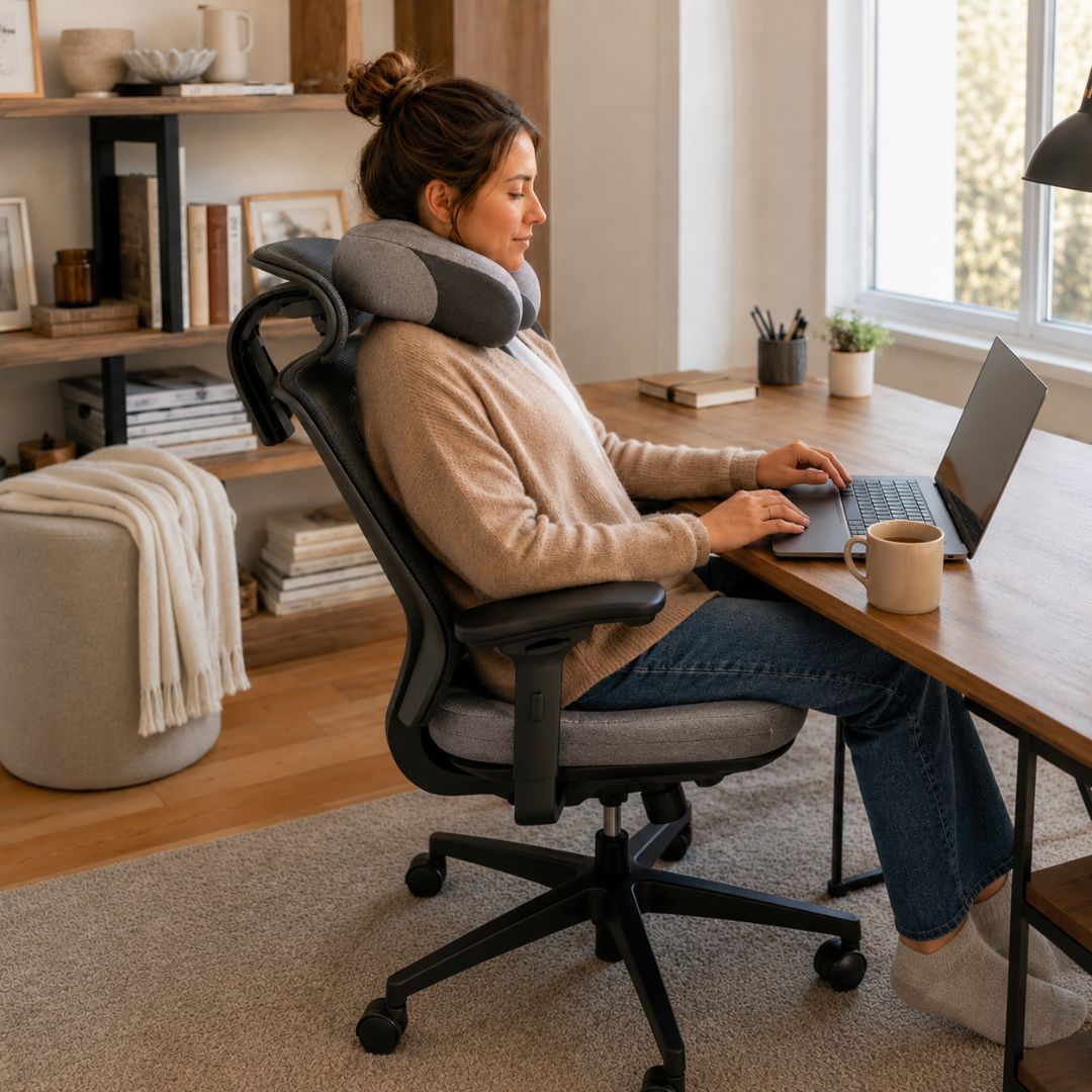 Woman using a laptop with a neck pillow in a home office setting