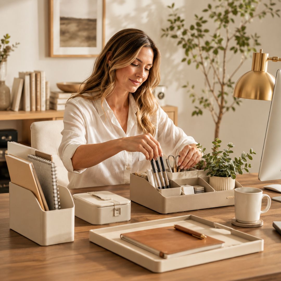 Woman organizing items on a desk in a home office setting