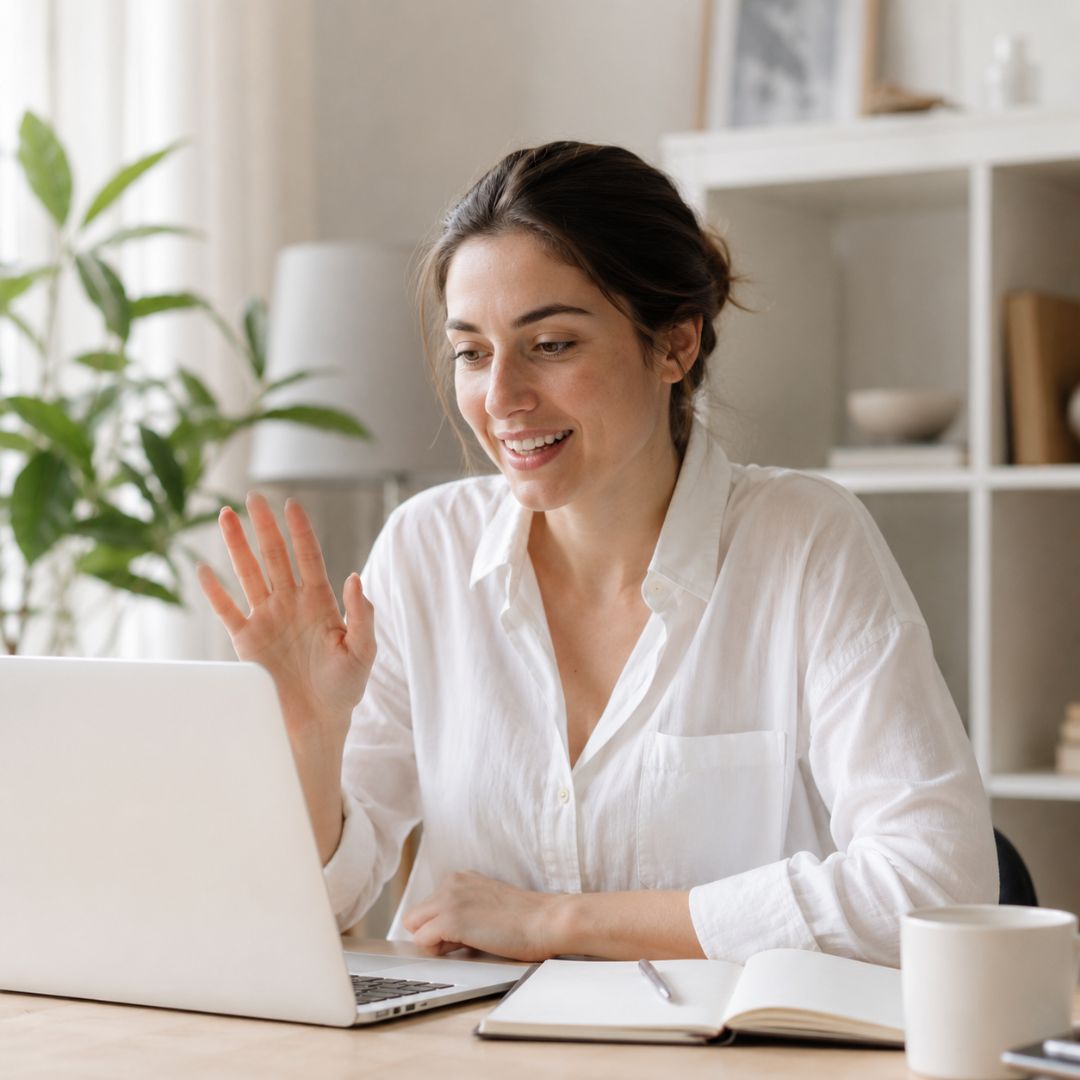 Woman in a white shirt sitting at a desk with a laptop, smiling and waving.